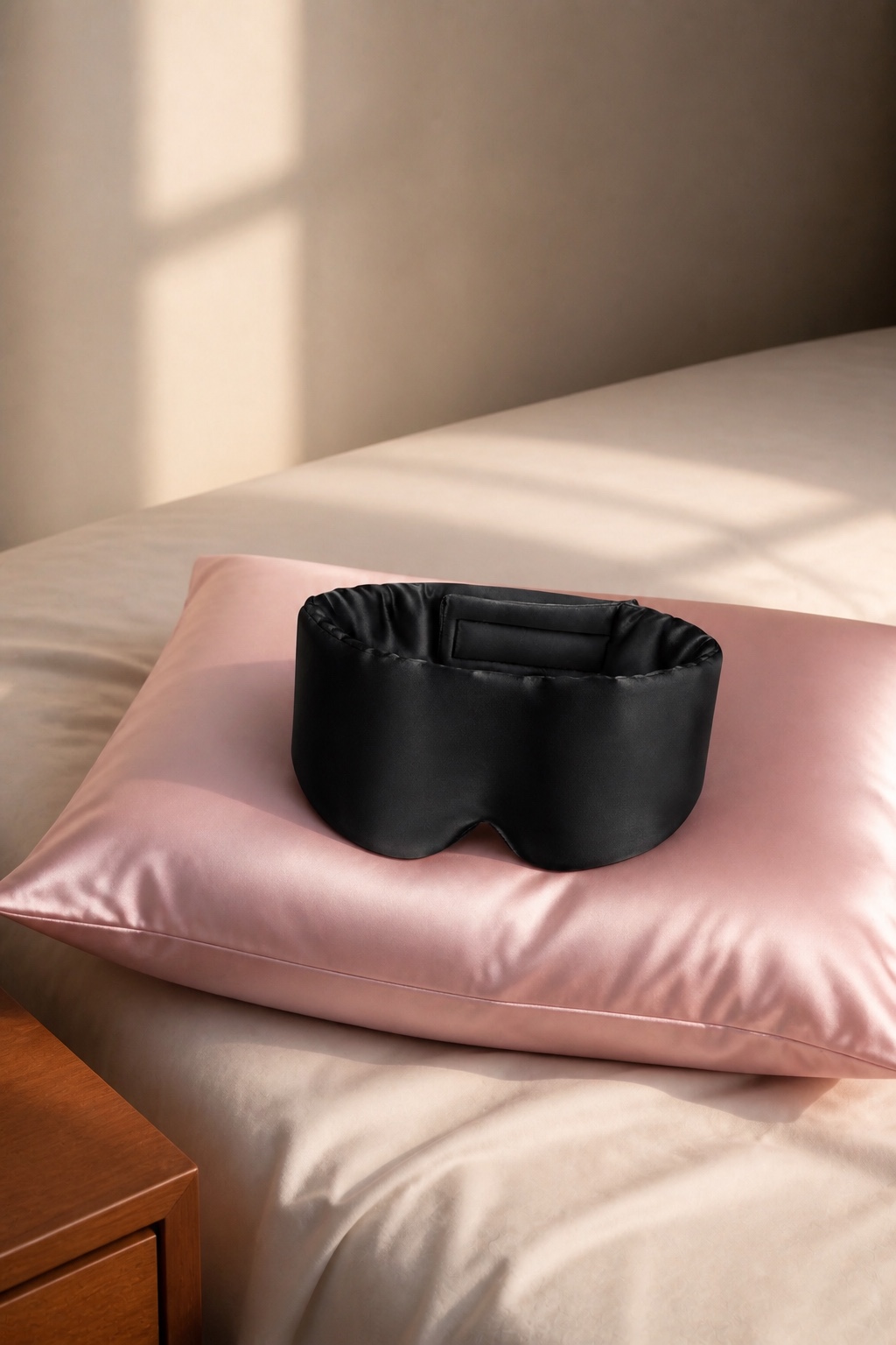 Masque Olesik Nuit posé sur une taie d’oreiller en soie rose