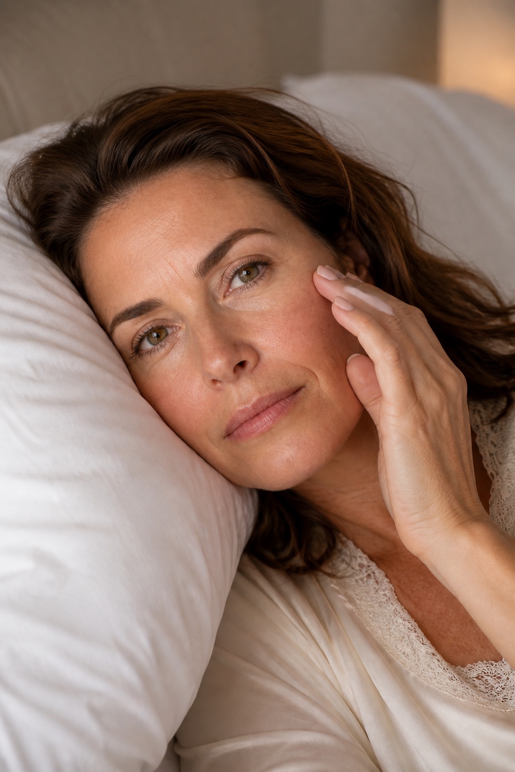 Femme observant son contour de l’œil au réveil sur un oreiller en coton